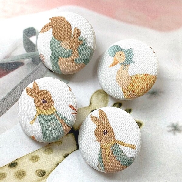 Handmade Peter Rabbit Pierre Lapin Children Fabric Covered Buttons Boutons, Peter Rabbit Fridge Magnets, Flat Back, 1.25 Inches 4's