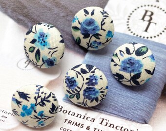 Handmade Off White Dark Navy Light Blue Bleu Blanc Floral Flower Fleur Robe Coat Dress  Fabric Buttons Bouton, Flat Backs, CHOOSE SIZE 5's