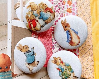 Handmade Large Country Light Blue Peter Rabbit Characters Story Children Fabric Covered Buttons Fridge Magnets, Flat Back, 1.2 Inches 4's
