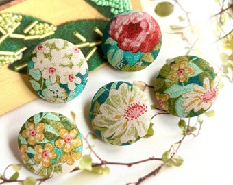 Handmade Green Pink Vert Rose Chic Escape Flower Fleur Jacket Manteau Fabric Covered Button Bouton, Tilda Fridge Magnets, 1.2 " 5's