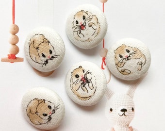 Handmade Off White Beige Hamster Animal Fabric Covered Buttons, Hamster Animal Fridge Magnets, Flat Backs, 1 Inch 5's