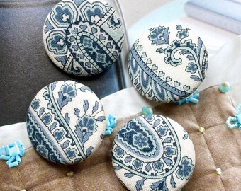 Handmade Large Off White Blue Bleu Paisley Floral Flower Fleur Fabric Covered Button Bouton, Large Floral Fridge Magnets, CHOOSE SIZE 4's