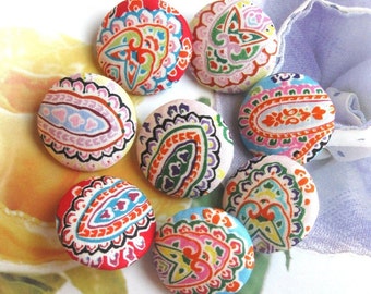 Handmade Orange Blue Yellow Pink Paisley Floral Flower Fabric Covered Buttons, Floral Flower Fridge Magnet, Flat Backs, 1.1 Inches 8's