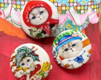 Handmade Large Colorful Cat Kitten Chat Chaton Flower Fabric Covered Buttons Boutons, Cat Kitten Magnets, 1.25" 3's