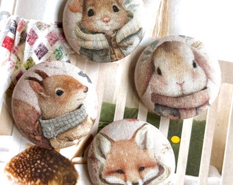 Handmade Large Brown Squirrel Mouse Rabbit Fox Lapin Renard Animaux Fabric Buttons Bouton , Fox Rabbit Fridge Magnets, Flat Backs, 1.5" 4's