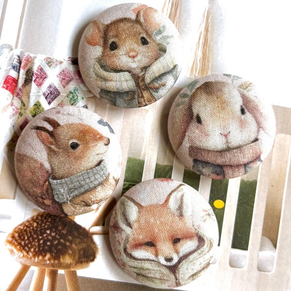 Handmade Large Brown Squirrel Mouse Rabbit Fox Lapin Renard Animaux Fabric Buttons Bouton , Fox Rabbit Fridge Magnets, Flat Backs, 1.5" 4's