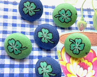 Handmade Small Blue Green Four Leaf Leaves Lucky Clover Plant Garden Fabric Covered Buttons, 0.65 inches 6's