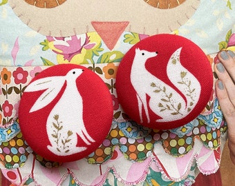 Handmade Large Red Rouge White Rabbit Fox Lapin Renard Dashwood Studio Fabric Covered Buttons Bouton, Rabbit Fox Fridge Magnets, 1.5 " 2's