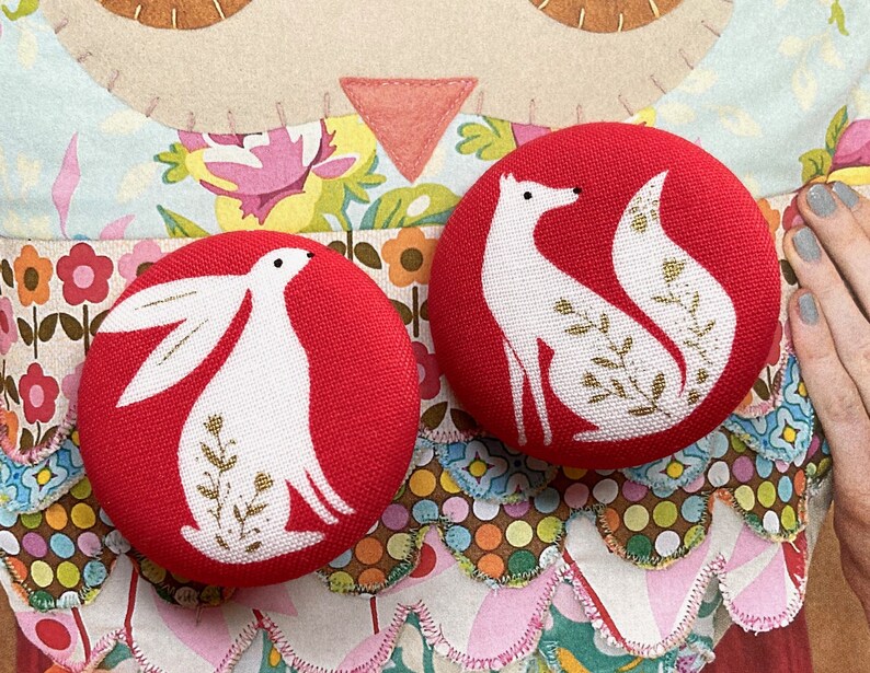 Handmade Large Red Rouge White Rabbit Fox Lapin Renard Dashwood Studio Fabric Covered Buttons Bouton, Rabbit Fox Fridge Magnets, 1.5 2's image 1