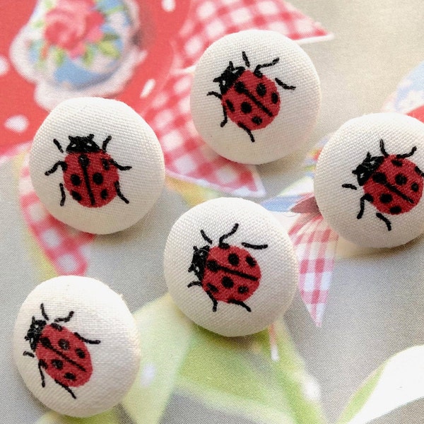 Handmade Small White Red Little Ladybug Ladybird Coccinelle Insect Fabric Covered Buttons Bouton, Flat Backs, 0.75 " 5's