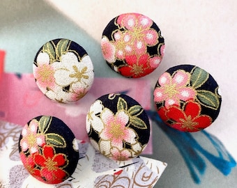 Handmade Dark Blue Pink Gold Bleu Or Japanese Japonais Sakura Cherry Blossom Floral Flower Coat Jacket Fabric Buttons Boutons , 1 Inch 5's