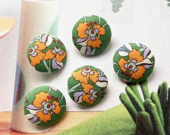 Handmade Forest Green Mustard Yellow Floral Flower Bloom Fabric Covered Buttons, Flat Backs, CHOOSE SIZE 5's