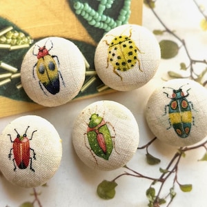 Handmade Cream Green Blue Red Jewel Scarab Beetles Insect Bug Fabric Covered Buttons, Insect Beetles Fridge Magnets, Flat Backs, 1.1 5s image 1