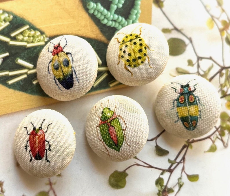 Handmade Cream Green Blue Red Jewel Scarab Beetles Insect Bug Fabric Covered Buttons, Insect Beetles Fridge Magnets, Flat Backs, 1.1 5s image 1