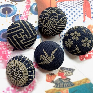 Handmade Navy Dark Blue Japanese Origami Crane Sakura Waves Floral Fabric Covered Buttons, Japanese Magnets, CHOOSE DESIGN, 1.1 Inches 5' image 1