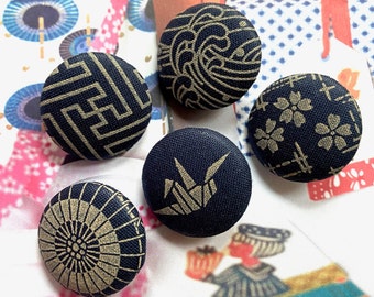 Handmade Navy Dark Blue Japanese Origami Crane Sakura Waves Floral Fabric Covered Buttons, Japanese Magnets, CHOOSE DESIGN, 1.1 Inches  5'