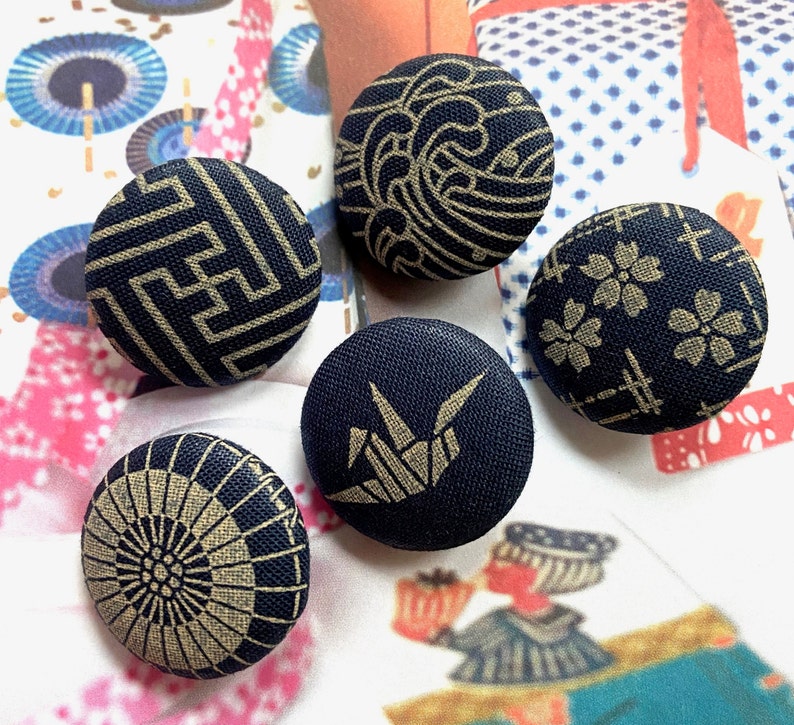 Handmade Navy Dark Blue Japanese Origami Crane Sakura Waves Floral Fabric Covered Buttons, Japanese Magnets, CHOOSE DESIGN, 1.1 Inches 5' image 1