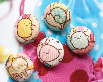 Handmade Colorful Japanese Cat Snail Anime Animal Coat Dress Fabric Covered Buttons, Kawaii Animal Fridge Magnets, Flat Backs, 1 Inch 5's