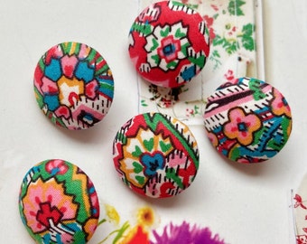 Handmade Small Red Green Yellow Pink Paisely Summer Floral Flowers Fabric Covered Buttons, Flat Backs, 0.75 Inches 5's