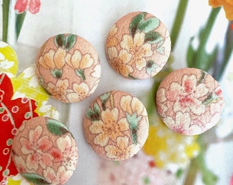 Handmade Small Light Pink Green Japanese Japonais Sakura Blossom Floral Flowers Fleur Fabric Covered Buttons Bouton. CHOOSE SIZE 5's