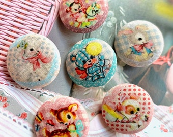 Handmade Retro Toy Rabbit Deer Bear Lamb Animaux Cartoon Fabric Covered Buttons Bouton, Retro Animal Cartoon Fridge Magnets, 1.2" 6's