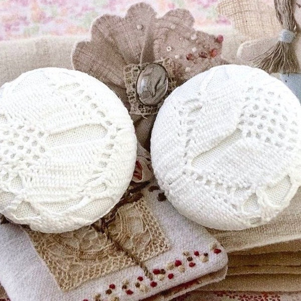 Handmade Large Rustic Off White Floral Flower Cotton Crochet Lace Fabric Covered Buttons, White Floral Lace Fridge Magnets, 1.5 " 2's