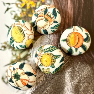 Handmade Cream Creme Yellow William Morris Citrus Fruits Floral Flower Fabric Covered Button Bouton, William Morris Fridge Magnet, 1.1 5's image 1