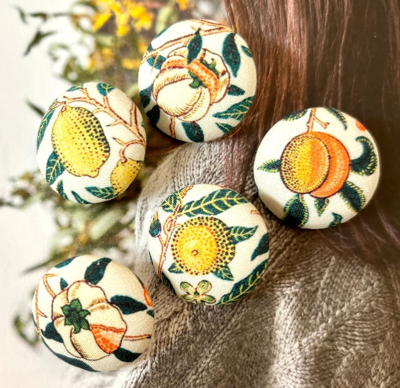 Handmade Cream Creme Yellow William Morris Citrus Fruits Floral Flower Fabric Covered Button Bouton, William Morris Fridge Magnet, 1.1 5's image 1