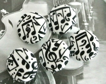 Handmade White Black Noir Music Musical Piano Musique Fabric Buttons Bouton , Flat Backs, 0.8 Inches 5's