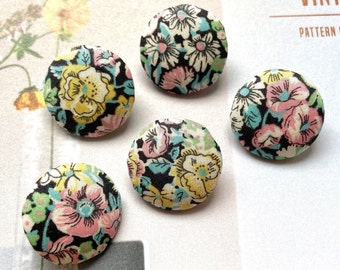 Handmade Liberty of London Black Yellow Pink Noir Rose Floral Flower Fabric Buttons Boutons, Liberty Fridge Magnets, CHOOSE SIZE 5's