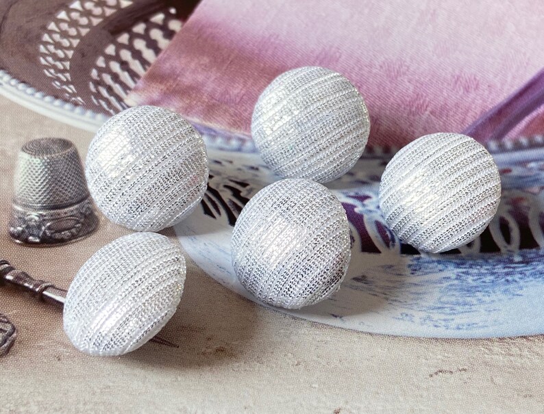 CHOOSE SIZE 5/'s Handmade Fabric Buttons Silver Shimmer Wedding Jacket Dress Fabric Buttons