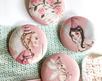 Handmade Large Pink Fairy Girl Rabbit Flower Fée Lapin Fleur Fabric Buttons Bouton , Fairy Rabbit Fridge Magnets, Flat Backs, 1.5" 4's