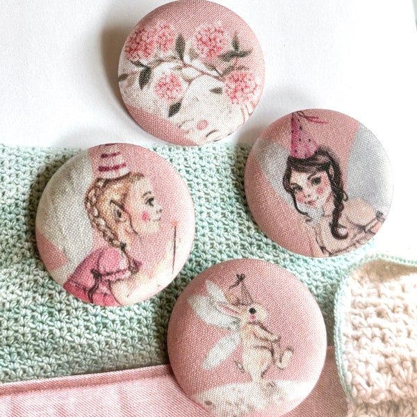 Handmade Large Pink Fairy Girl Rabbit Flower Fée Lapin Fleur Fabric Buttons Bouton , Fairy Rabbit Fridge Magnets, Flat Backs, 1.5" 4's