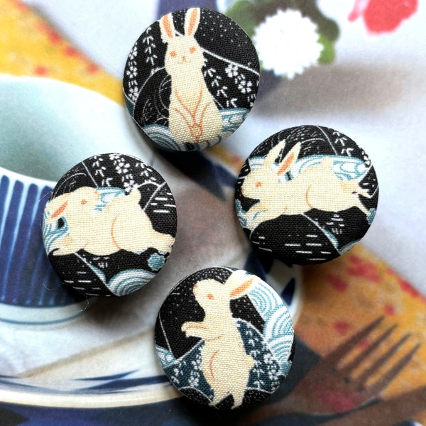 Handmade Large Blue Bleu Japanese Rabbit Lapin Jacket Dress Coat Children Fabric Covered Buttons Boutons Fridge Magnets, 1.25" 4's