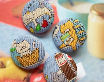 Handmade Kawaii Blue Kitten Cat In Kitchen Animal Fabric Button, Cats Animal Fridge Magnets, Flat Backs, 1.2 Inches 4's