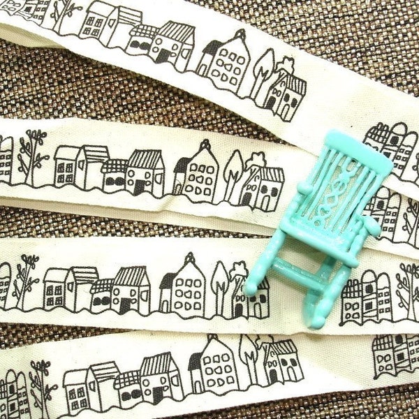 Zakka Houses Home Town Village Trees Bag Purse Clothes Handmade Cotton Cloth Fabric Tape Label Ribbon