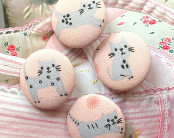 Handmade Large Pink Grey Gray Cat Kitten Animal Chat Chatons Fabric Covered Buttons Boutons, 1.25 Inches 4's