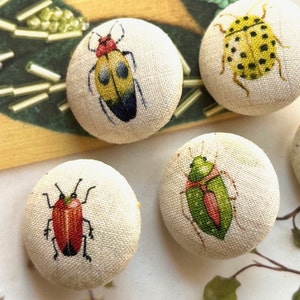 Handmade Cream Green Blue Red Jewel Scarab Beetles Insect Bug Fabric Covered Buttons, Insect Beetles Fridge Magnets, Flat Backs, 1.1 5s image 2