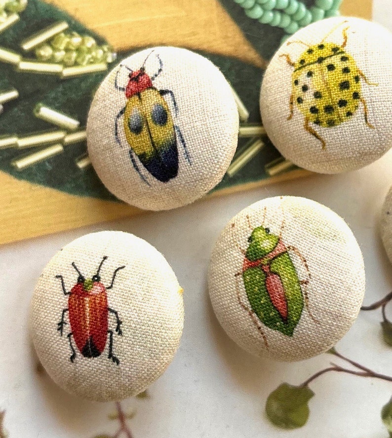 Handmade Cream Green Blue Red Jewel Scarab Beetles Insect Bug Fabric Covered Buttons, Insect Beetles Fridge Magnets, Flat Backs, 1.1 5s image 2