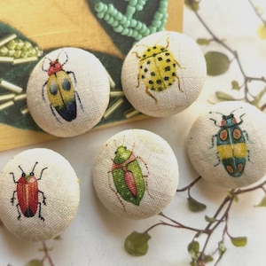 5 Cream Green Blue Red Jewel Scarab Beetles Insect Bug Fabric Buttons, Insect Beetles Fridge Magnets, Flat Backs, 1.1 Inches, CHOOSE COLOR