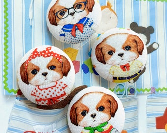 Handmade White Dog Puppy Animal Chien Chiot Jacket Manteau Fabric Covered Button Boutons, Dog Puppy Fridge Magnets, Flat Backs, 1.25" 4's