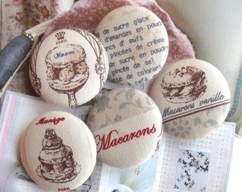 Handmade Large French Paris Macarons Pastry Patisserie Fabric Covered Buttons Bouton, Macaron Fridge Magnets, Flat Backs, 1.2 Inches 5's