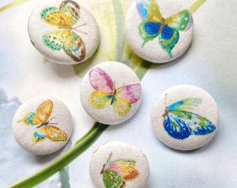 Handmade Large Off White Blue Yellow Blanc Bleu Papillon Butterfly Insect Fabric Covered Button Bouton, Butterfly Magnets, Flat Backs, 6's