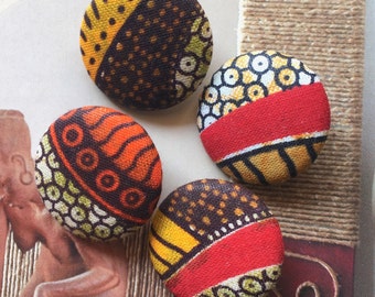 Handmade Large Brown Red White African Afrique Print Fabric Covered Buttons, Tribal African Fridge Magnets, Flat Back, 1.25" , 4's