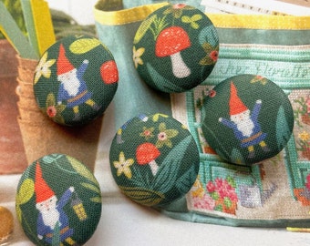 Handmade Green Red Forest Foret Gnome Mushroom Champignon Woodlands Fabric Covered Button Boutons , Flat Backs, 1.1 Inches 5's