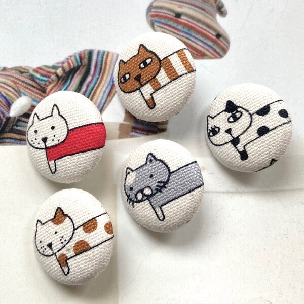 Handmade Beige White Black Cat Kitten Chat Chaton Animal Fabric Covered Button Bouton , Cat Kitten Chat Fridge Magnets, 1 Inch 5's