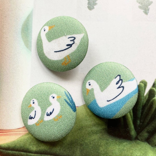 Handmade Green White Duck Ducklings Farm Animal Dashwood Studio Fabric Covered Buttons, Duck Animal Fridge Magnets, 1.2" 3's