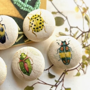 Handmade Cream Green Blue Red Jewel Scarab Beetles Insect Bug Fabric Covered Buttons, Insect Beetles Fridge Magnets, Flat Backs, 1.1 5s image 3
