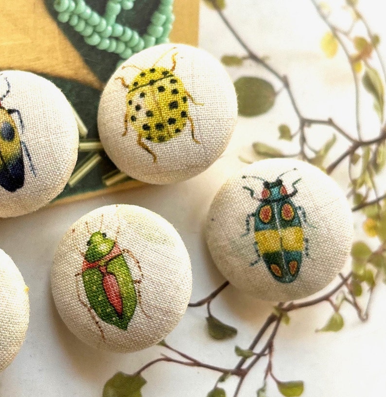Handmade Cream Green Blue Red Jewel Scarab Beetles Insect Bug Fabric Covered Buttons, Insect Beetles Fridge Magnets, Flat Backs, 1.1 5s image 3