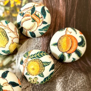 Handmade Cream Creme Yellow William Morris Citrus Fruits Floral Flower Fabric Covered Button Bouton, William Morris Fridge Magnet, 1.1 5's image 3